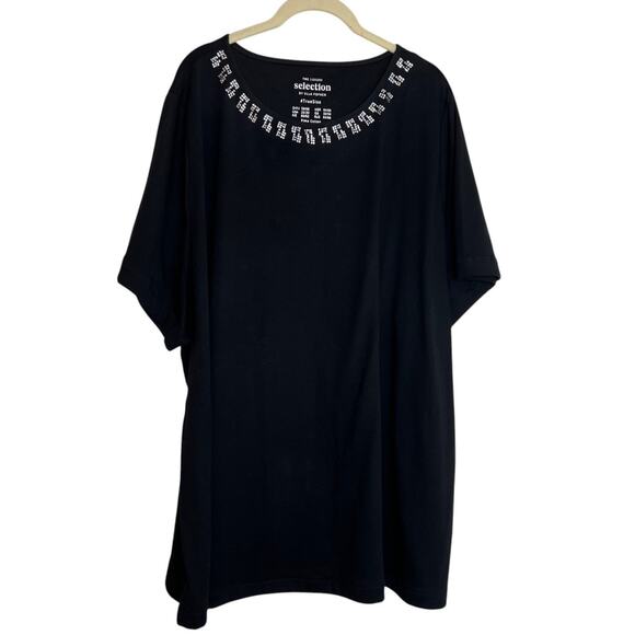 Ulla Popken Womens Top 28/30 Black Rhinestone Scoop Neck Pima Cotton Oversized - Picture 1 of 7